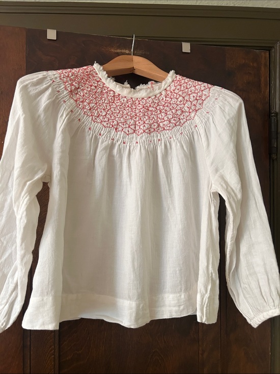 La Vie Rebecca Taylor Tops - White Long-Sleeve Smocked Peasant Top with Pink Embroidery